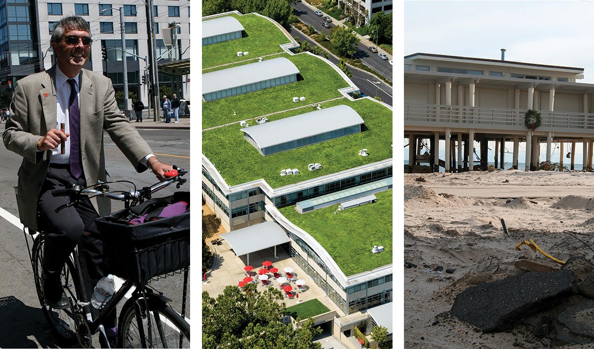 man riding bike; green roof; house on stilts