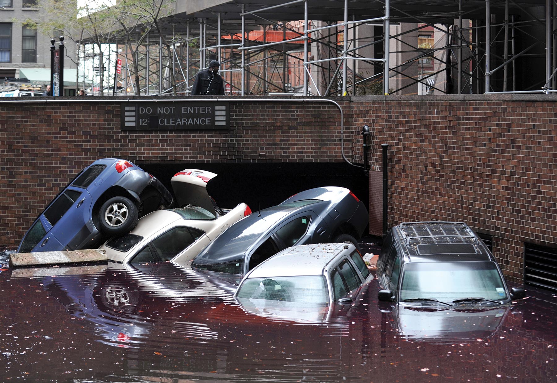 cars piled up and underwater